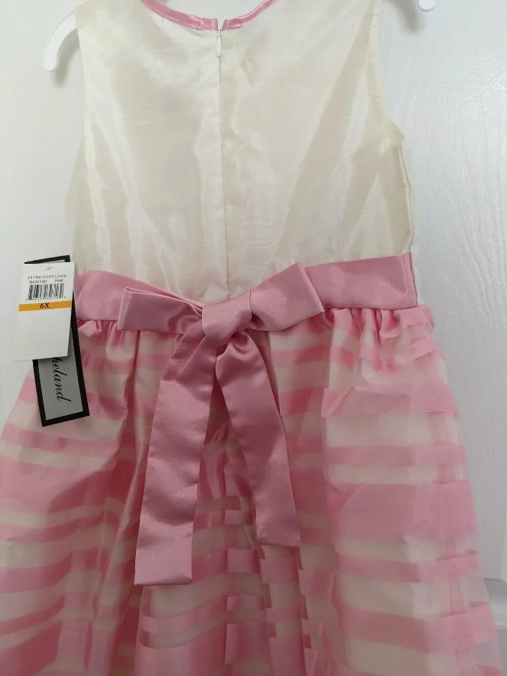 New Jayne Copeland Girls Dress White/Pink Taffeta Stripes Bow Festive SZ 6X